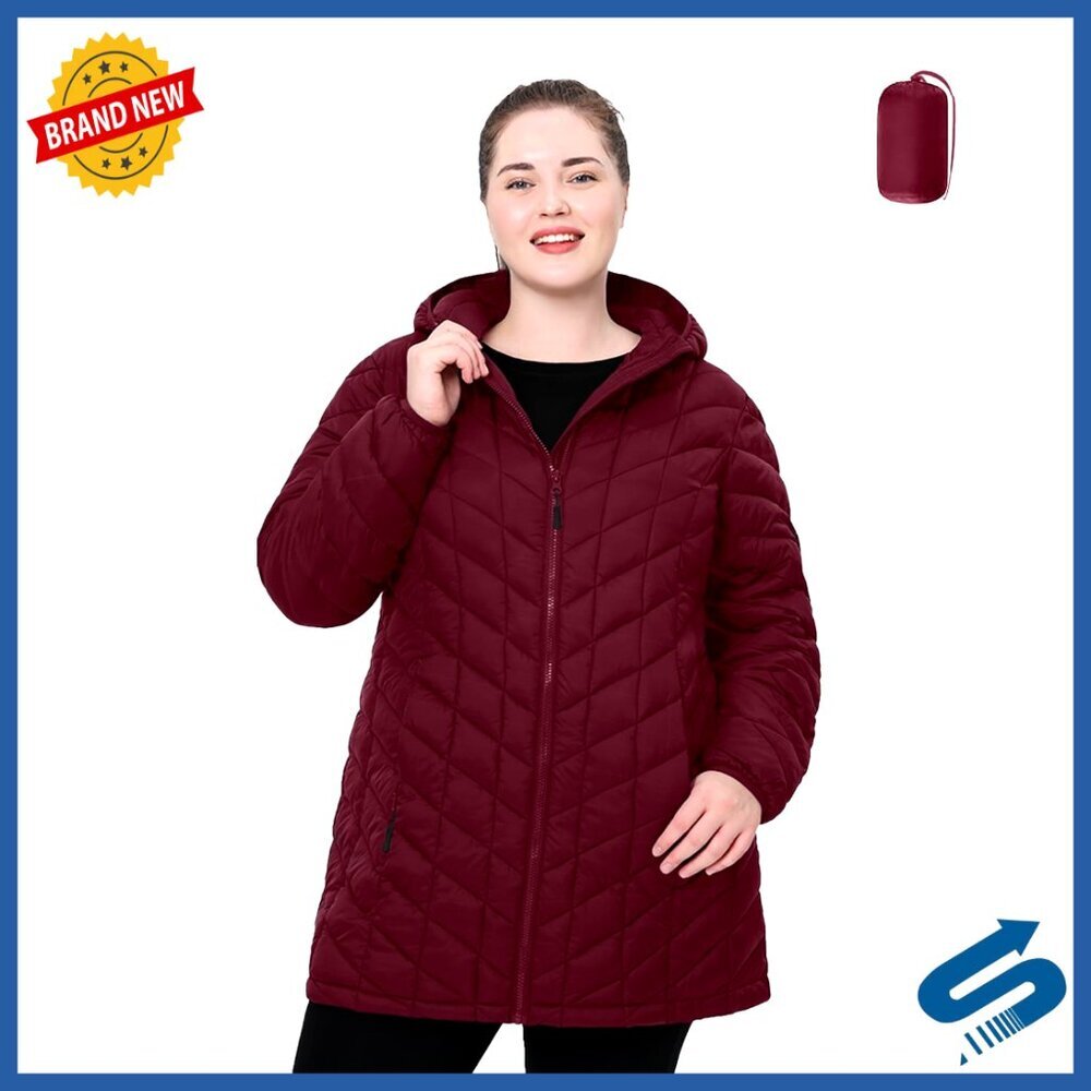 Plus Size Packable Puffer Jacket Water-Resistant Lightweight Hooded Winter Coat